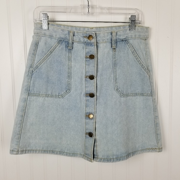 Heritage Denim Mini Skirt Button Front Cotton Blend Pockets Light Wash A Line M - Picture 6 of 6